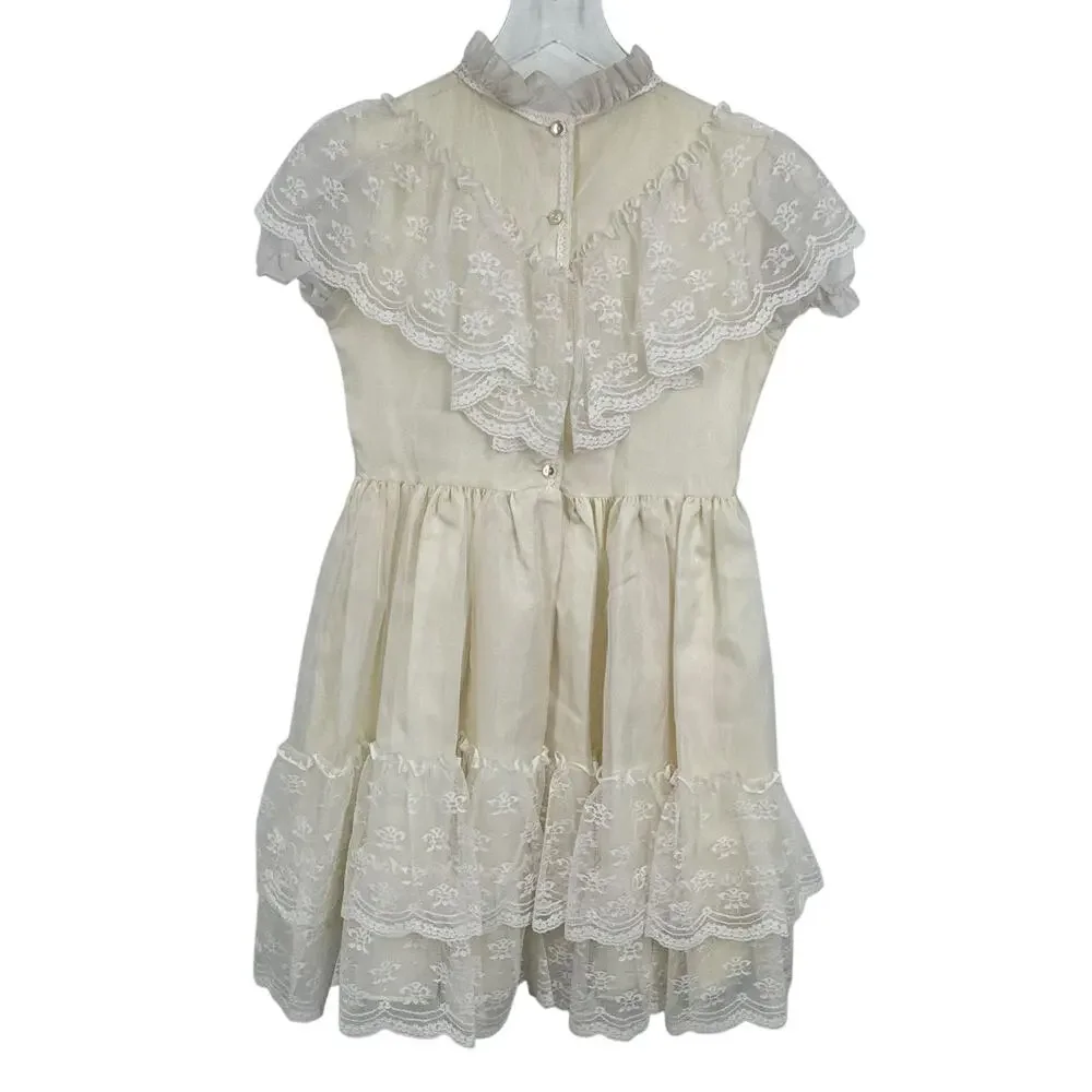 VTG Gold Bell dress girls 10 chiffon ruffle lace party pageant prairie cream USA